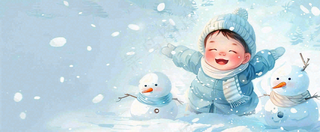 冬季雪地里玩耍的男孩堆雪人可爱卡通插画小雪大雪小寒大寒背景