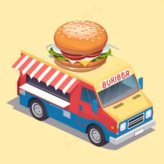 汉堡包黄色餐车 2.5D扁平插画