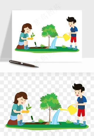 手绘植树节挖土人物png免抠