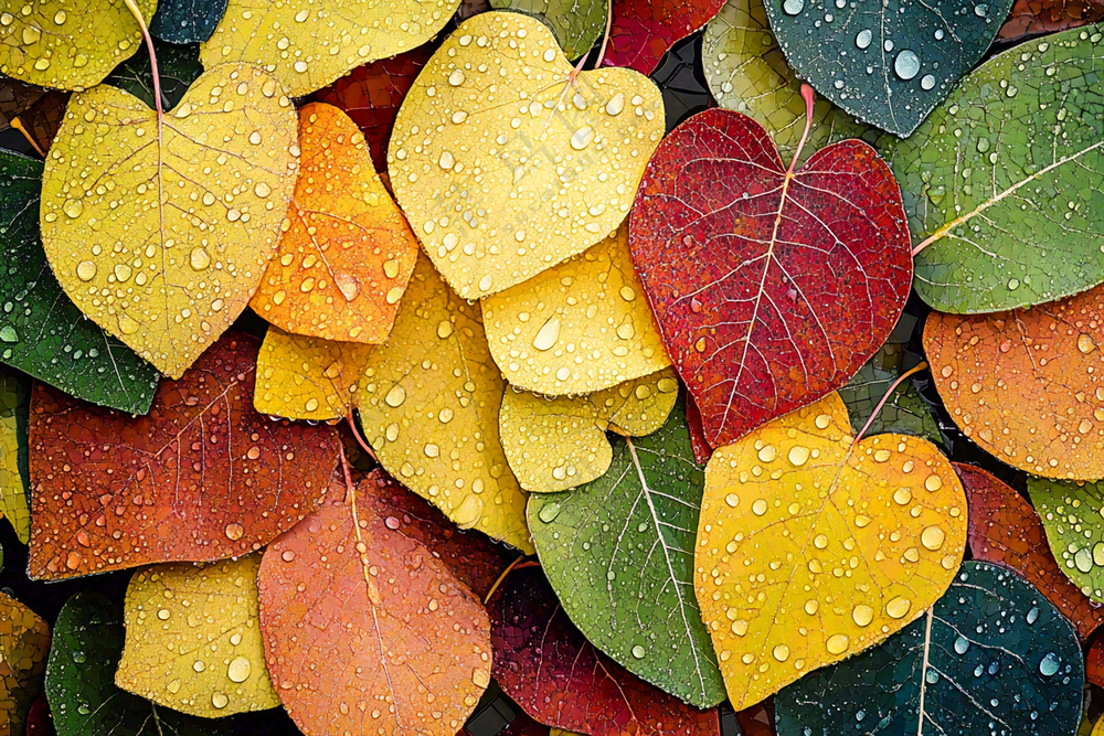 秋天雨季的落叶色彩摄影图