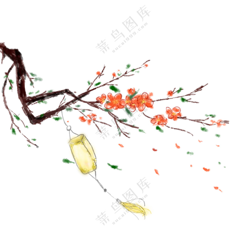 树枝上的花朵绘画效果免抠PNG图片