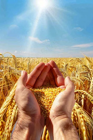 金黄的稻田手捧粮食珍惜粮食芒种世界粮食日摄影图