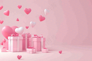 粉色爱心礼盒礼物浪漫唯美立体插画妇女节情人节七夕背景