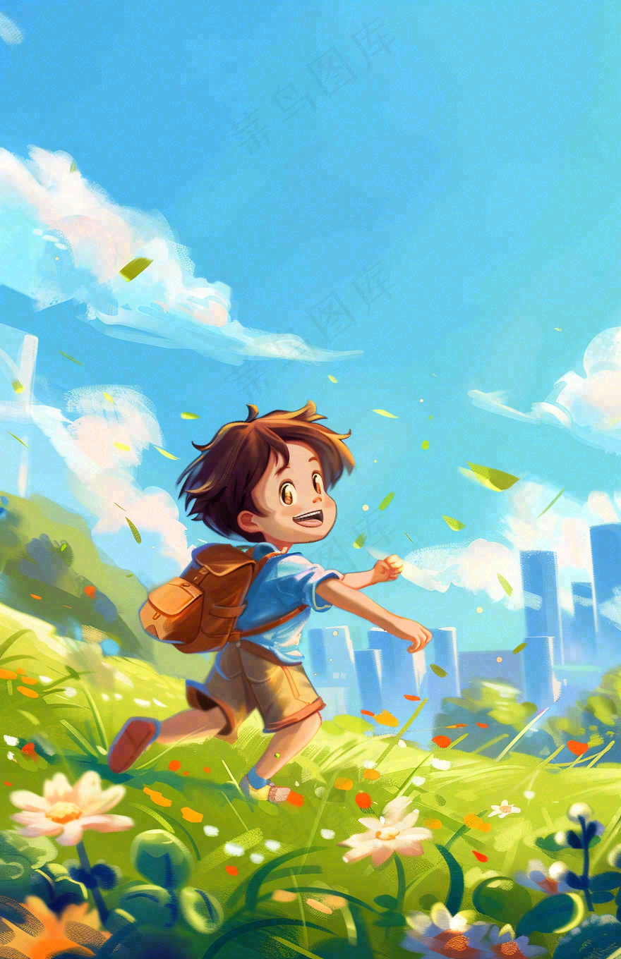 遨游大自然草坪的孩子快乐儿童节卡通插画背景