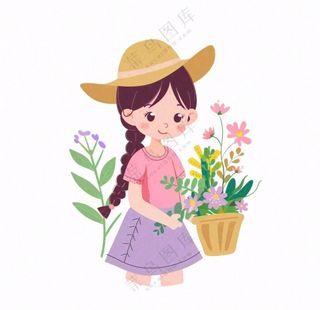 抱着花束的女孩人物卡通插画免抠
