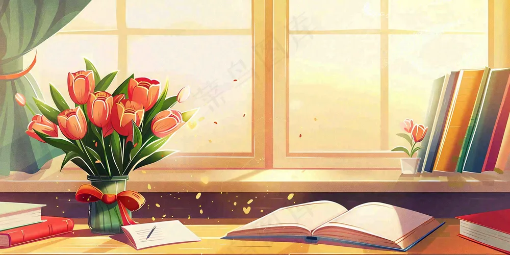 教师节办公桌窗边课本花束温馨唯美插画背景