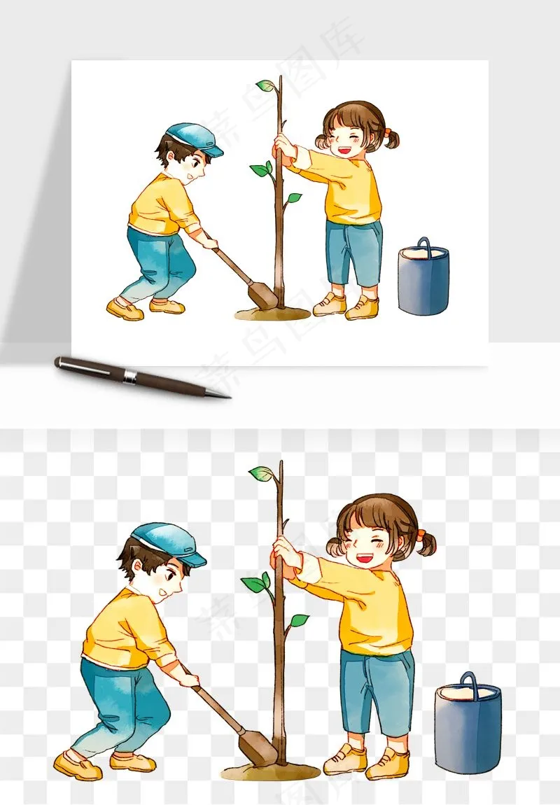 手绘植树节挖土人物png免抠