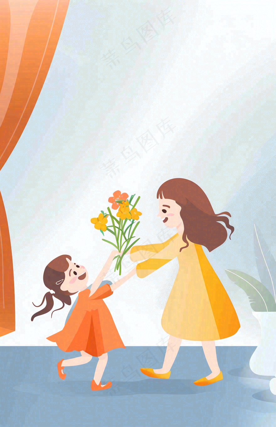 母亲节给妈妈送花的孩子亲情温馨插画背景