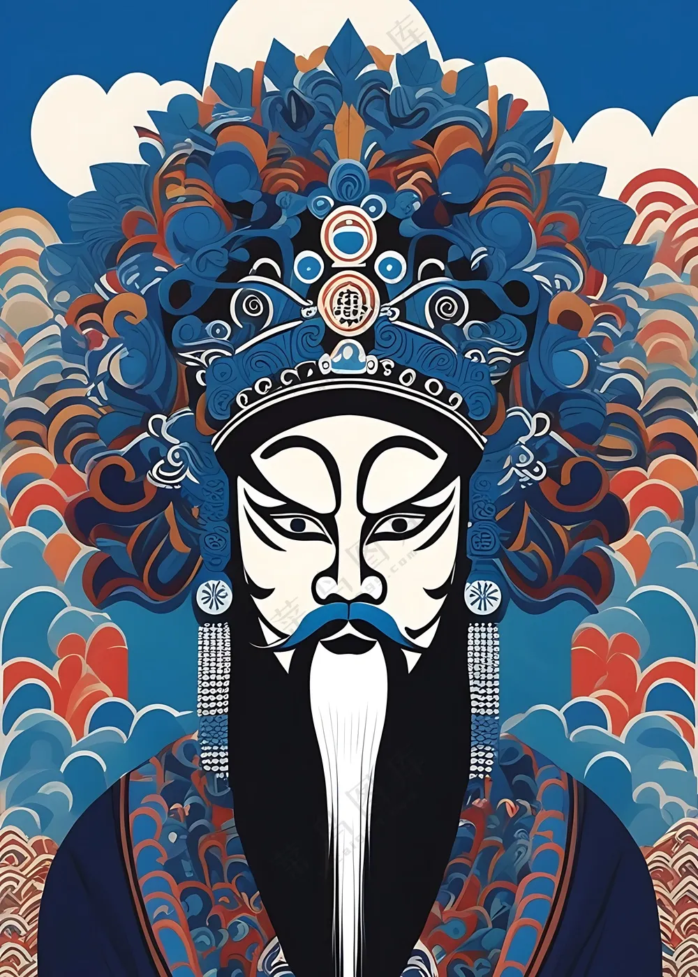京剧脸人物_插画_扁平元素_图形丰富_蓝色和黑色