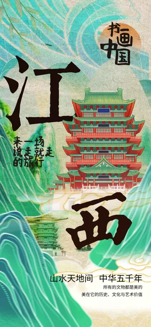 复古插画江西旅游海报