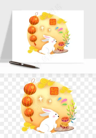 中秋月饼玉兔国潮插画png免抠