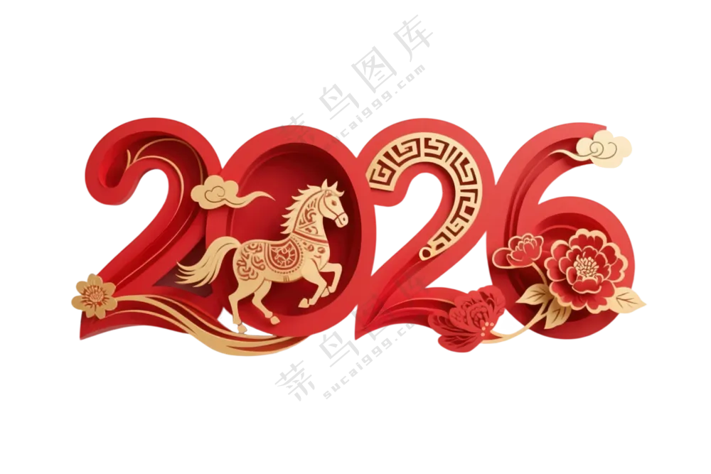 字体设计：2026将红色数字 中加入马元素和中国传统吉祥图案，