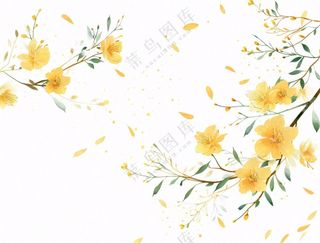 春天树枝上的黄花水墨风插画免抠