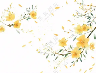 春天树枝上的黄花水墨风插画免抠
