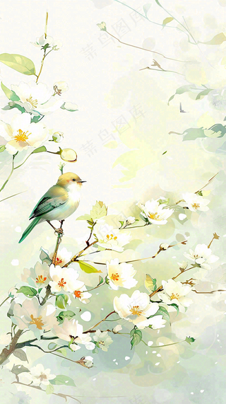 春天繁华盛开树枝小鸟春意小清新唯美立春惊蛰插画背景
