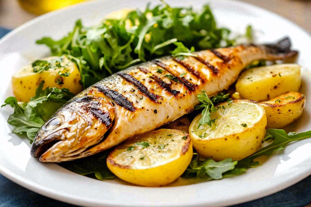 美味烤鱼沙拉柠檬美食摄影图