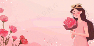 粉色女生节女王女神节妇女节鲜花花束唯美插画背景