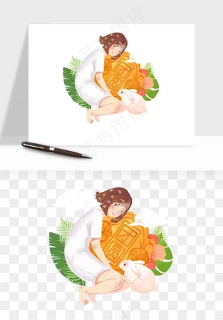 中秋月饼玉兔国潮插画png免抠