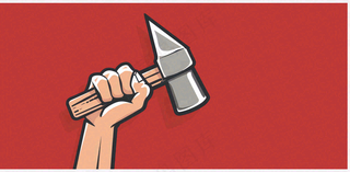 劳动局卡通复古插画工人手拿工具红色插画背景