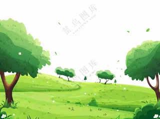 草原青草树木卡通插画免抠