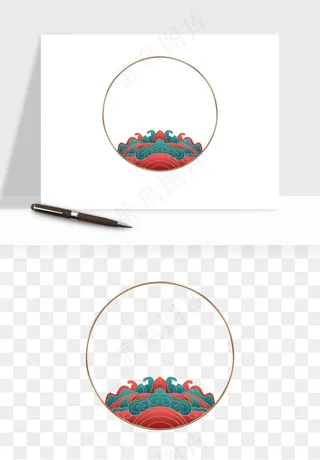 国潮风祥云浪花圆形矩形边框png免抠