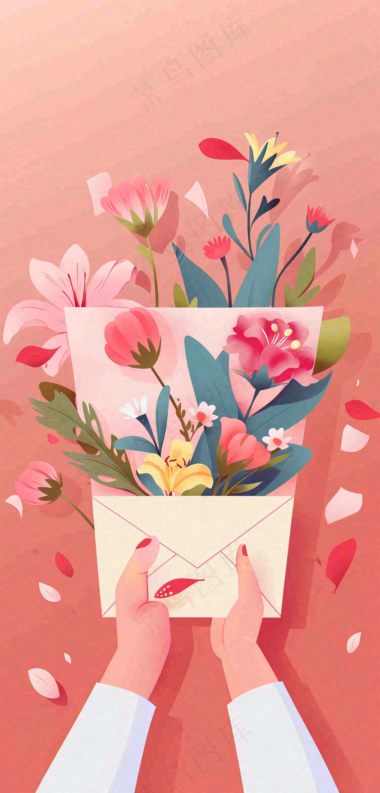 母亲节鲜花花束信封康乃馨粉色插画背景
