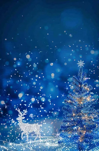 夜晚蓝色星空月亮麋鹿圣诞树平安夜圣诞节梦幻插画背景