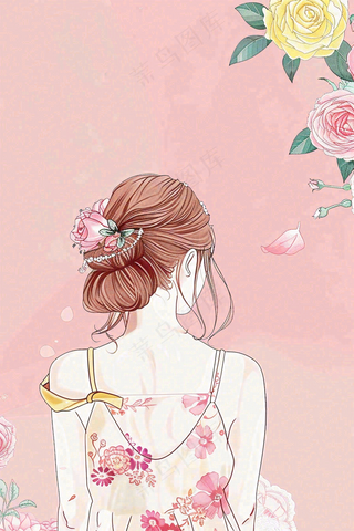 粉色女生节鲜花女神妇女节插画背景