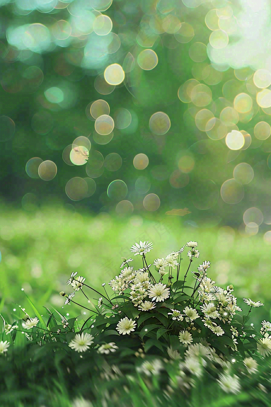 春夏草坪白色小花野花立夏惊蛰摄影图