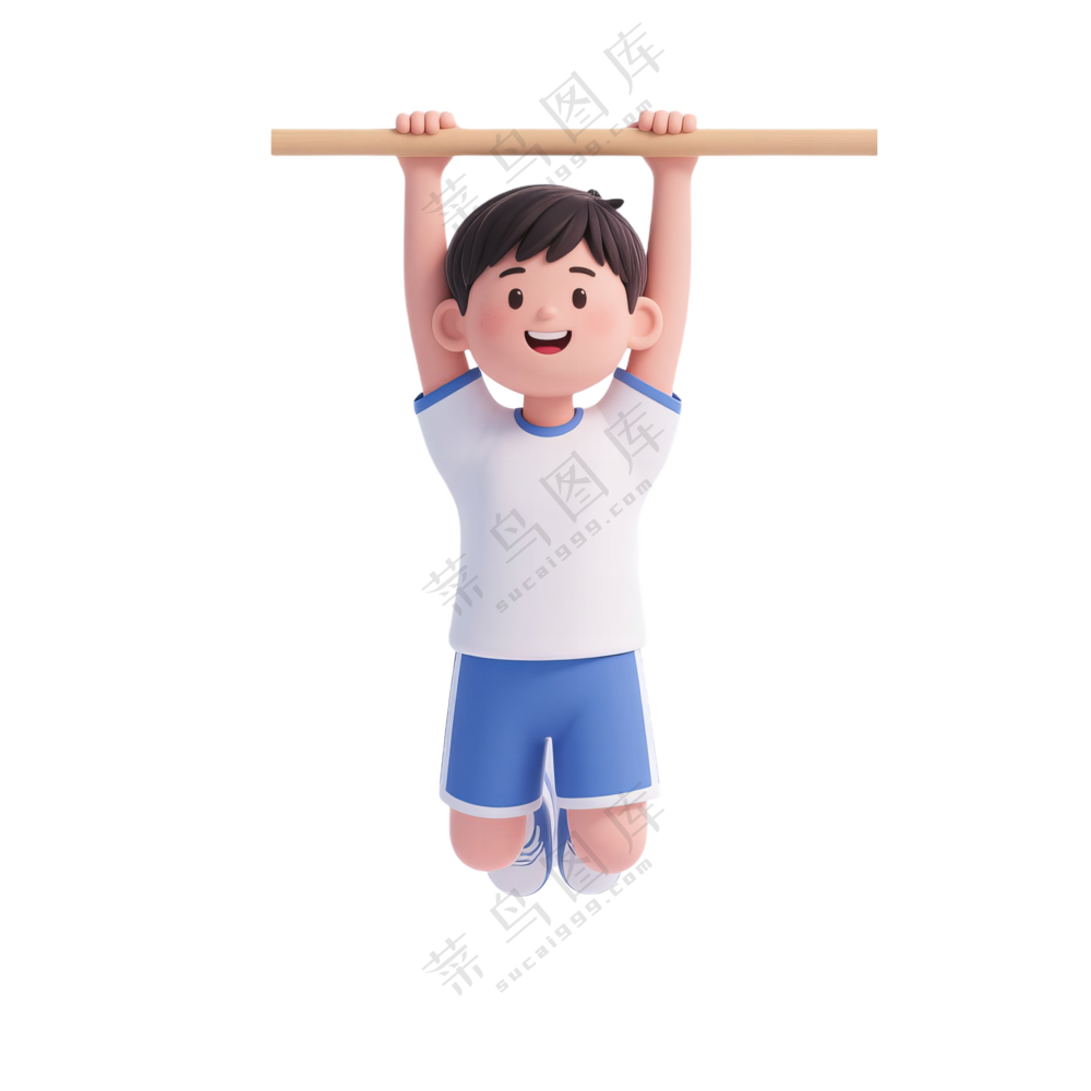 蓝+白色纯净3D风格引体向上的男孩免抠PNG素材
