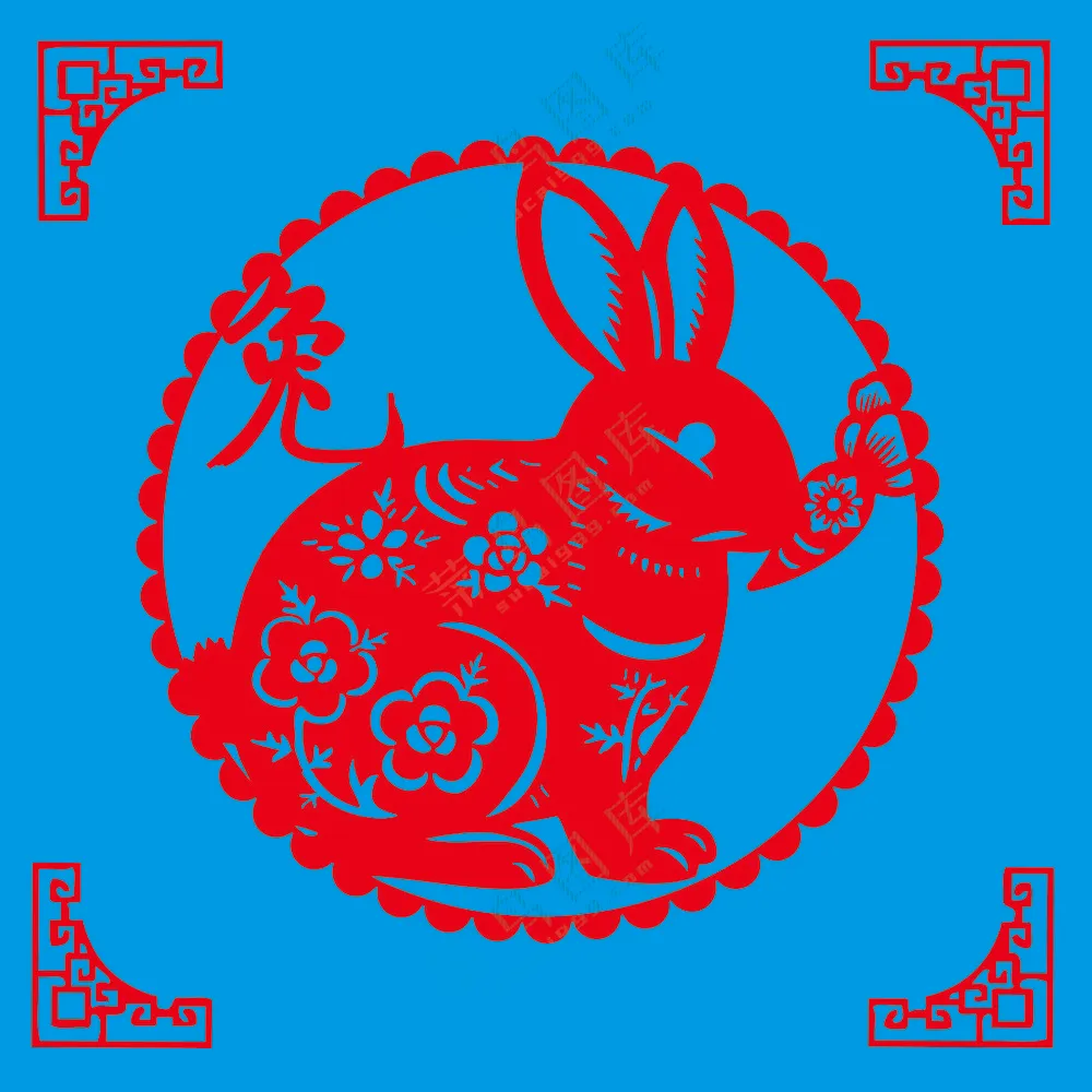 红色圆形兔子剪纸