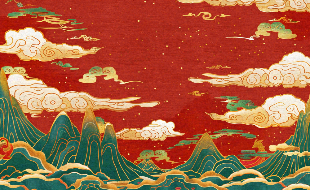 红色国潮风山川祥云喜庆元旦插画背景