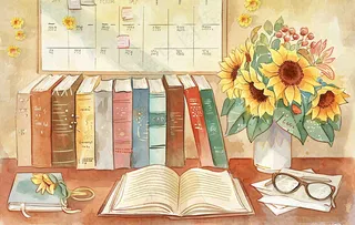 教师节办公桌向日葵备课老师水彩插画背景