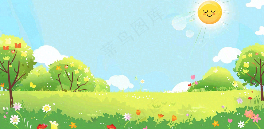 太阳白云草坪大树儿童节卡通插画背景