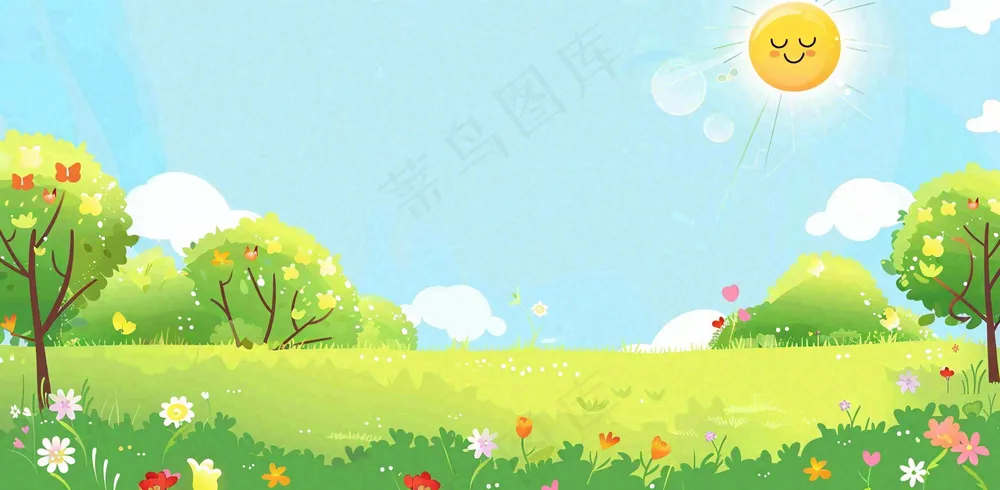 太阳白云草坪大树儿童节卡通插画背景
