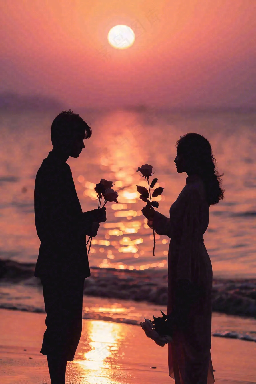 浪漫夕阳晚霞海边情侣情人节七夕摄影图