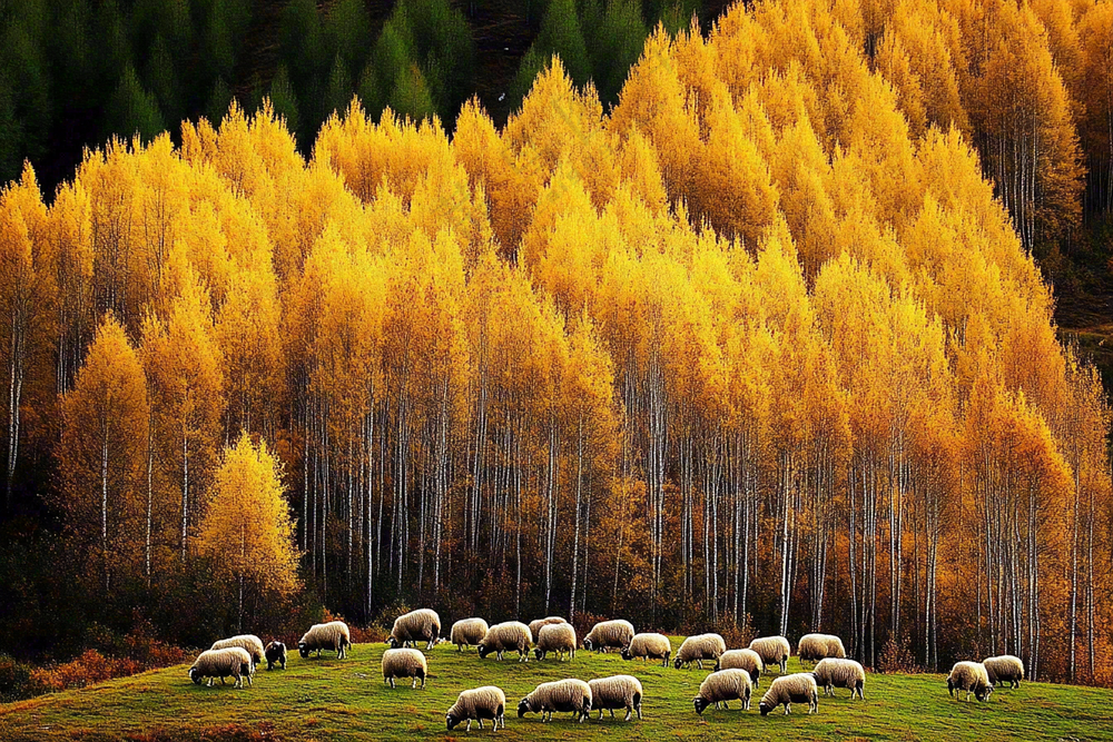 秋天风景黄色的树木森林羊群大自然风光摄影图