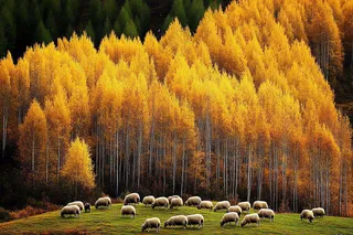 秋天风景黄色的树木森林羊群大自然风光摄影图