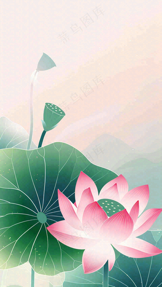 夏天荷花荷叶清凉小清新淡雅立夏夏至暑插画背景