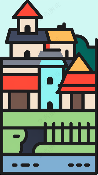 小山村 小房子 抽象粗线条简笔风景画