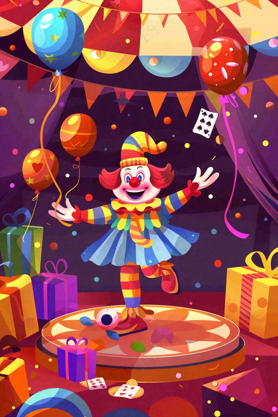 马戏团小丑表演开心紫色卡通搞怪愚人节插画背景