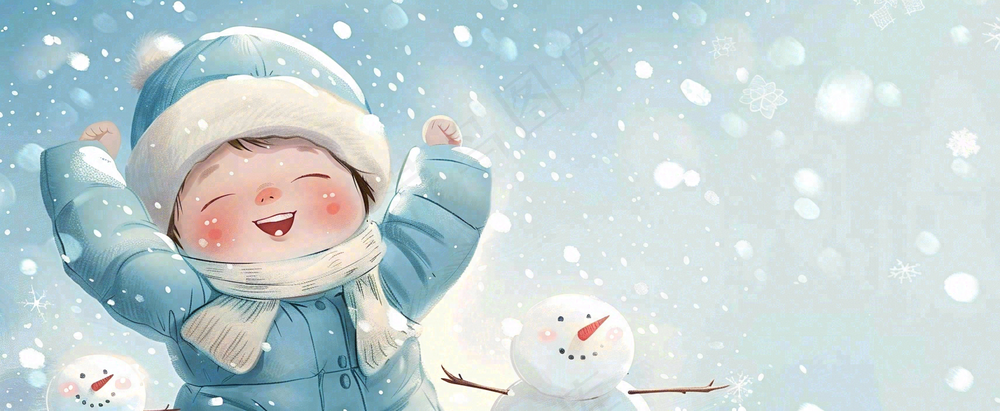 冬季雪地里玩耍的男孩堆雪人可爱卡通插画小雪大雪小寒大寒背景