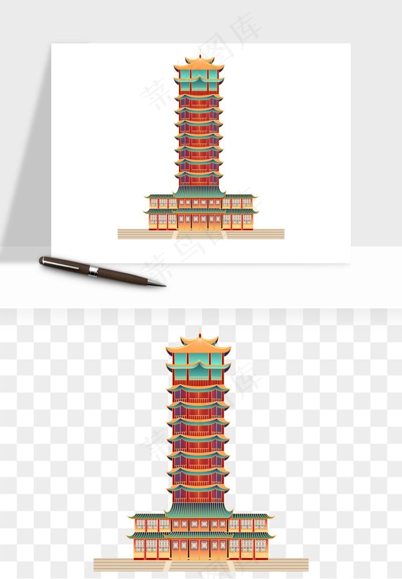 国潮高塔古塔楼建筑png免抠