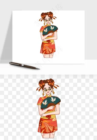 手绘国潮女性人物插画png免抠