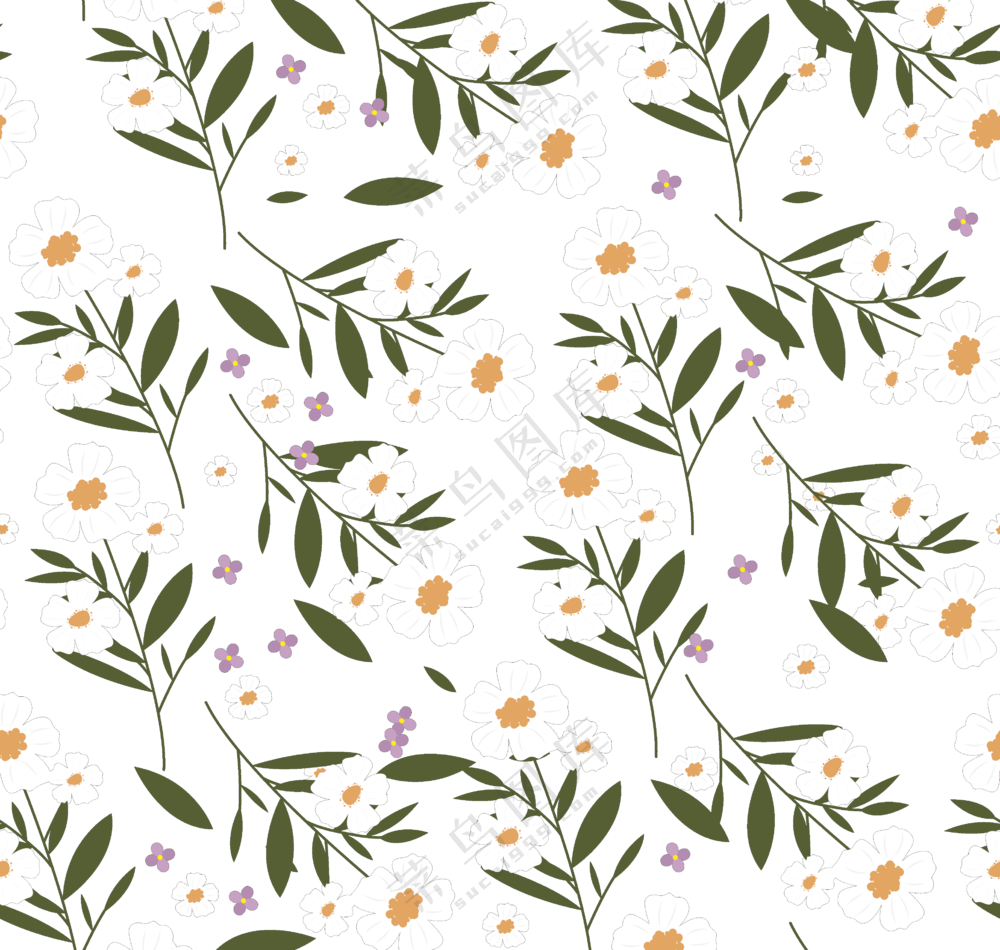 横向拼接连续绿叶白花图案免抠素材