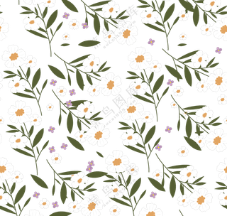 横向拼接连续绿叶白花图案免抠素材