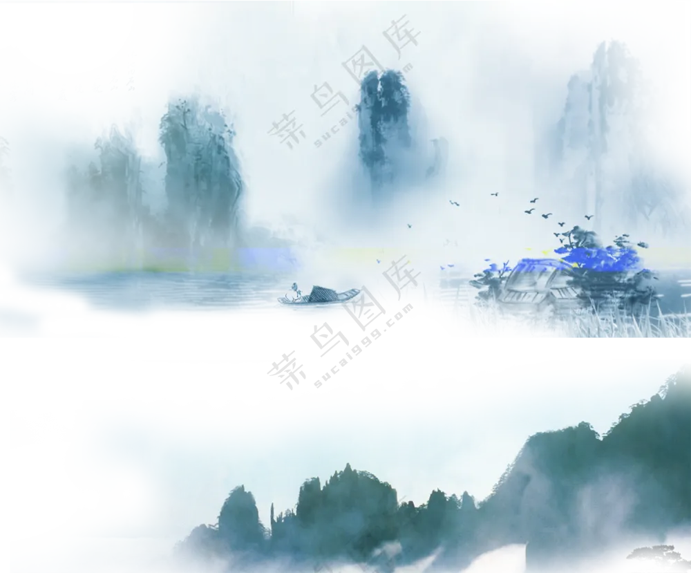 高山飞鸟与渔翁小船水墨画免抠图片