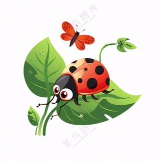 昆虫七星瓢虫绿叶卡通插画免抠