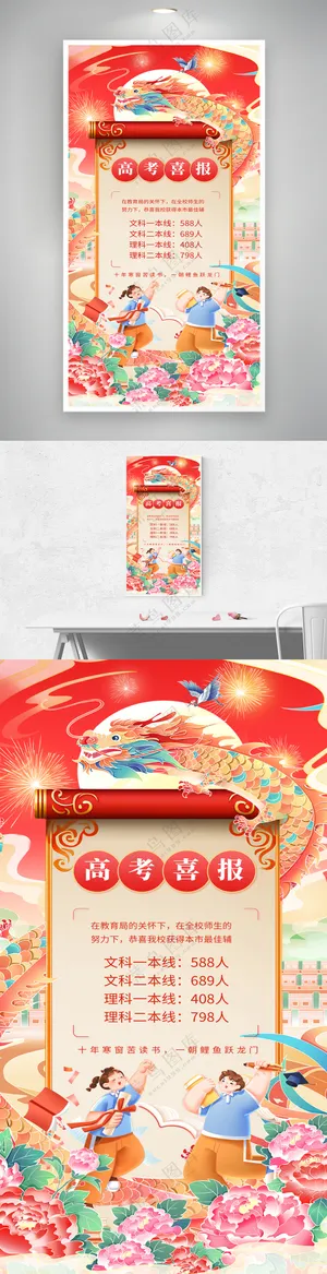 红色国潮风高考捷报光荣榜海报