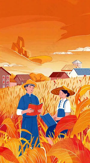红色插画土地收成粮食农民辛勤劳作劳动节卡通插画背景